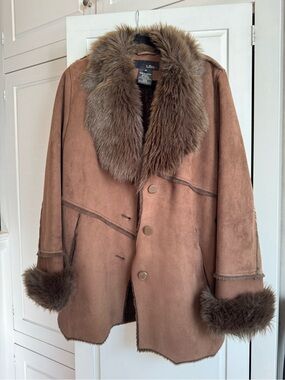 Vintage Brown Suede Shearling Coat with Fur Trim